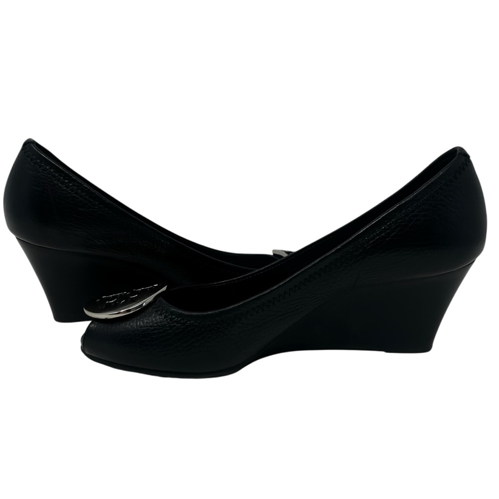 Tory Burch Black Leather Peep-Toe Wedge with Silver Logo - Picture 3 of 10